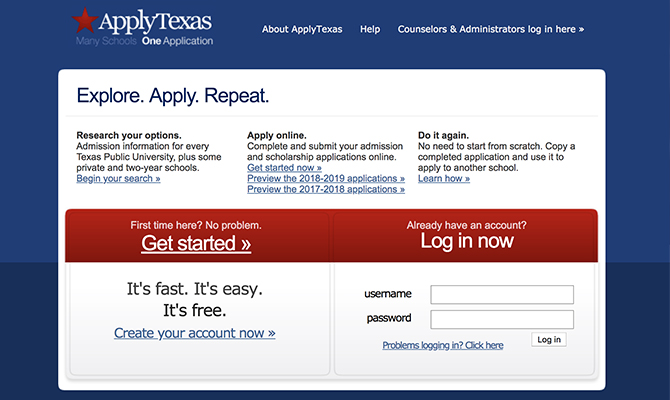 Captura de pantalla web: panel de inicio de sesión para ApplyTexas